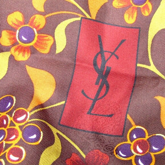 YSL Silk Scarf Boho Floral Brown Yves Saint Laurent 34" x 34" Square Vintage - Picture 4 of 5